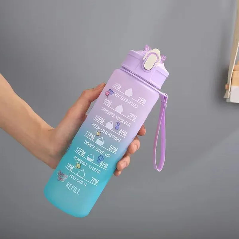 Water Bottle With Time Marker & Straw, 900ML/2000ML Large Capacity Motivational Leakproof Plastic Water Jug For Fitness Gym School Outdoor Travel Work Camping Hiking Hunting Fishing To Ensure You Drink Enough Water Daily