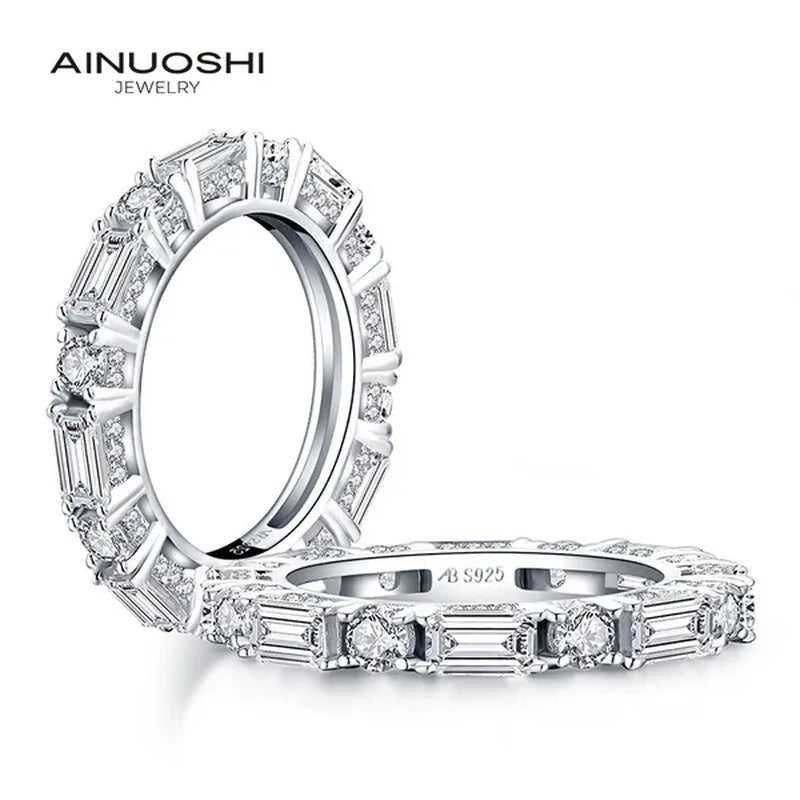 Eternity Ring 18k White Gold Plating Sterling Silver Round & Emerald Cut Ethical Lab-grown Diamond Band Stackable Ring Multi-stone Ring