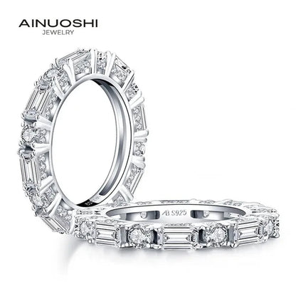 Eternity Ring 18k White Gold Plating Sterling Silver Round & Emerald Cut Ethical Lab-grown Diamond Band Stackable Ring Multi-stone Ring