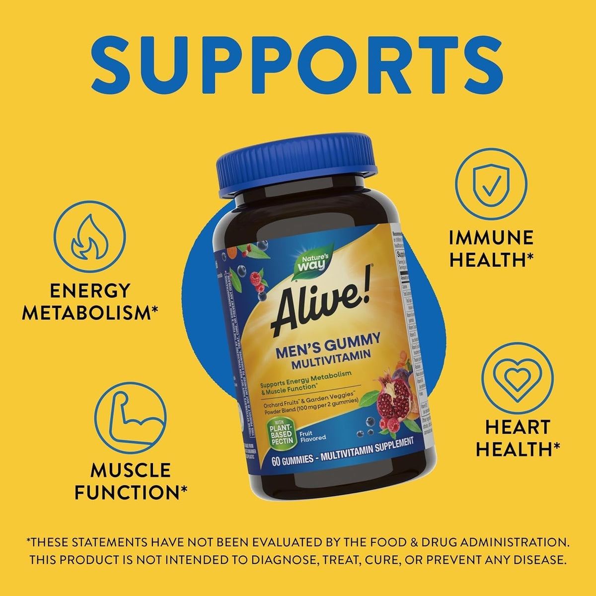 Alive! Men'S Daily Gummy Multivitamin, Supports Energy Metabolism*, Muscle Function*, B-Vitamins, Superfood Antioxidants, Gluten-Free, Vegetarian, Fruit Flavored, 60 Gummies