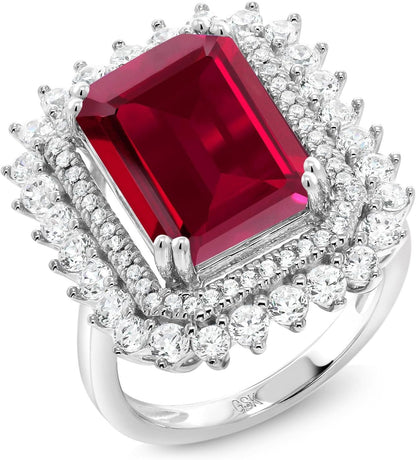 8.60 Cttw Red Created Ruby Ring for Women in 925 Sterling Silver | Emerald Cut 14X10MM | Available in Size 5,6,7,8,9