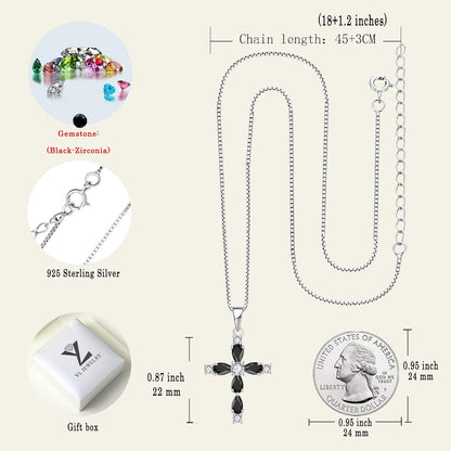 Cross Necklace for Women 925 Sterling Silver Halo Gemstone Pendant Birthstone Religious Jewelry for Mom