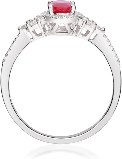 14K White Gold Mozambique Genuine Ruby Ring with Diamonds for Women | Ethically, Authentically & Organically Sourced (Oval-Cut) Shaped Ruby Hand-Crafted Jewelry for Her | Ruby Ring for Women