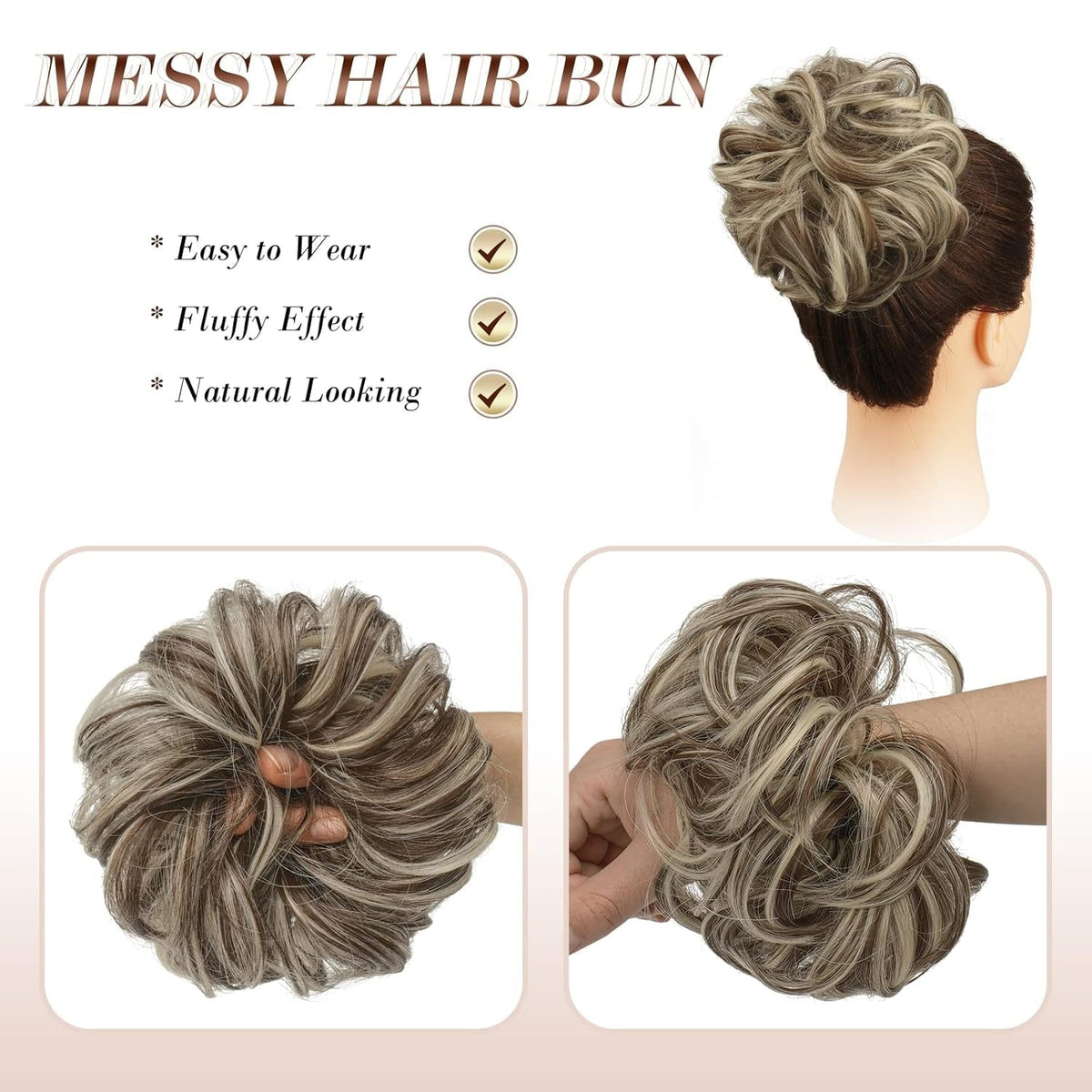 Messy Bun Hair Piece - Elastic Wavy Curly Hair Bun Scrunchies Extensions Synthetic Chignon Hairpieces for Women Girls, Golden Brown & Bleach Blonde 1 PCS