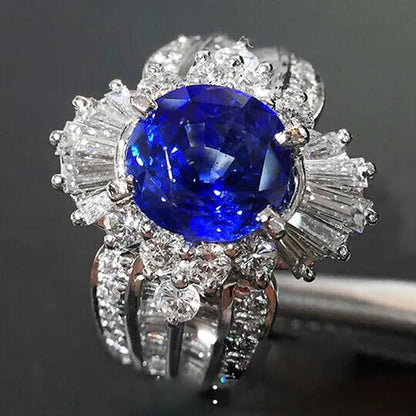 So Beautiful  Silver Natural Gemstones Sapphire And White Sapphire Wedding Birthstone Bride Engagement Anniversary Brand Big Ring Jewelry Size 6 7 8 9 10