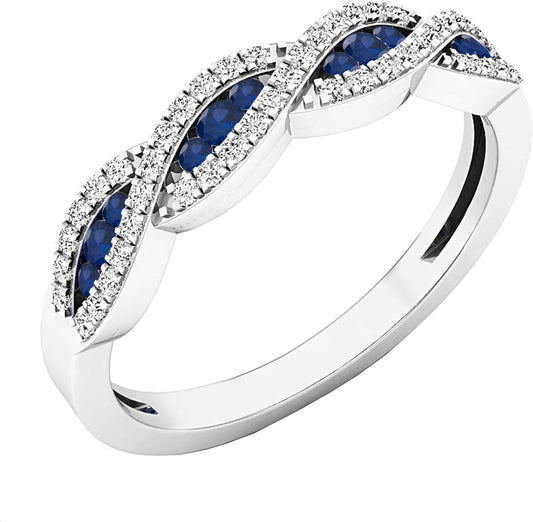 round Blue Sapphire & White Diamond Crisscross Stackable Wedding Band for Women in 925 Sterling Silver