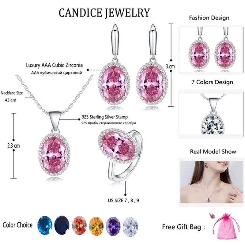 CANDICE Elegant Engagement Accessories Big Oval Cut CZ Stone Silver Necklace Earrings Ring For Bridal Wedding Bling Jewelry Set (US 6-9)