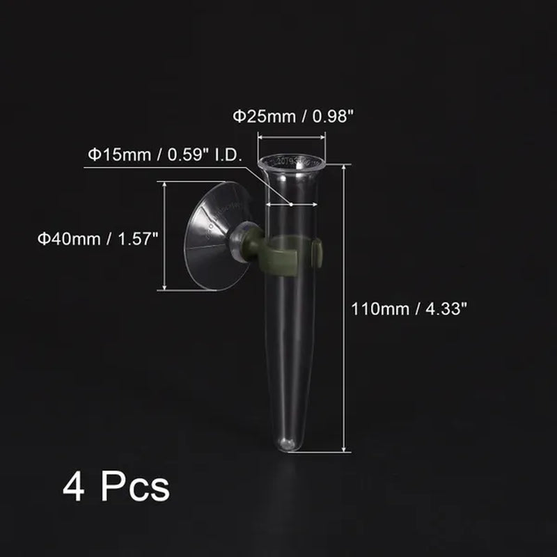 Floral Water Tubes with Suction Cup 0.6" ID 4" Plastic Wall Hanging Vase for Plants Flower Arrangement, Clear Pack of 4