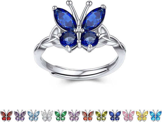 Sterling Silver Birthstone Rings for Women, Dainty Butterfly Stackable Ring Adjustable Ideal Valentine'S Gifts for Her