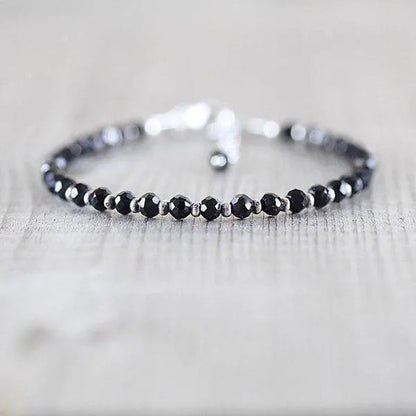 Black Spinel, Sterling & Karen Hill Tribe Silver Bracelet Boho Beaded Gemstone Bracelet Dainty Stacking Bracelet