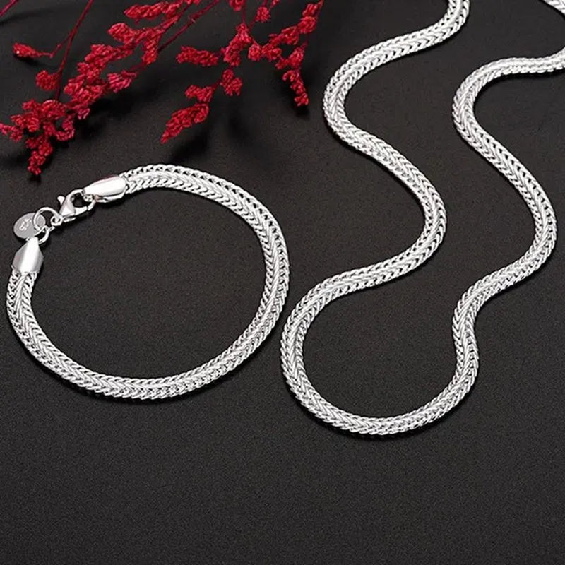 2Pcs 925 Sterling Silver Flat Snake Bone Chain Necklace Bracelet for Man Women Fashion Punk Charm Jewelry Set