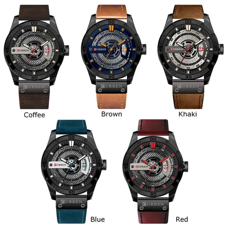 CURREN Men Watch Army Military Sports Watches Black Case Leather Strap Waterproof Date Function