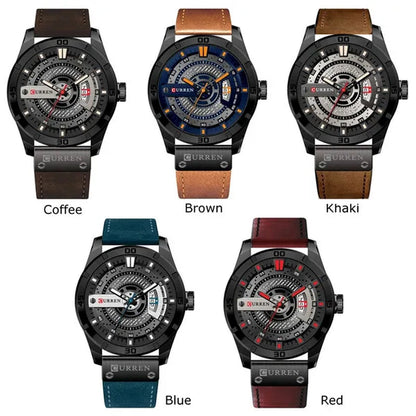 CURREN Men Watch Army Military Sports Watches Black Case Leather Strap Waterproof Date Function