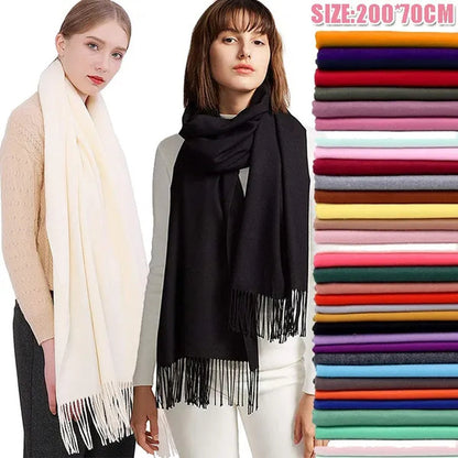 200X*70cm Fashion Solid Color Women Scarf Winter Hijabs Tassels Long Lady Shawls Cashmere Like Pashmina Hijabs Scarves Wraps
