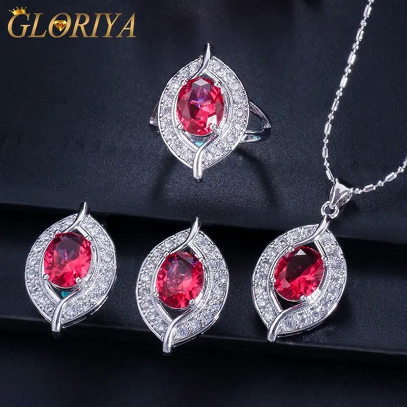 Gloriya Designer Silver Plated Jewelry Sets Inlaid Oval Red CZ Teardrop Pendant Necklace Earrings and Ring Set for Lady Fashion