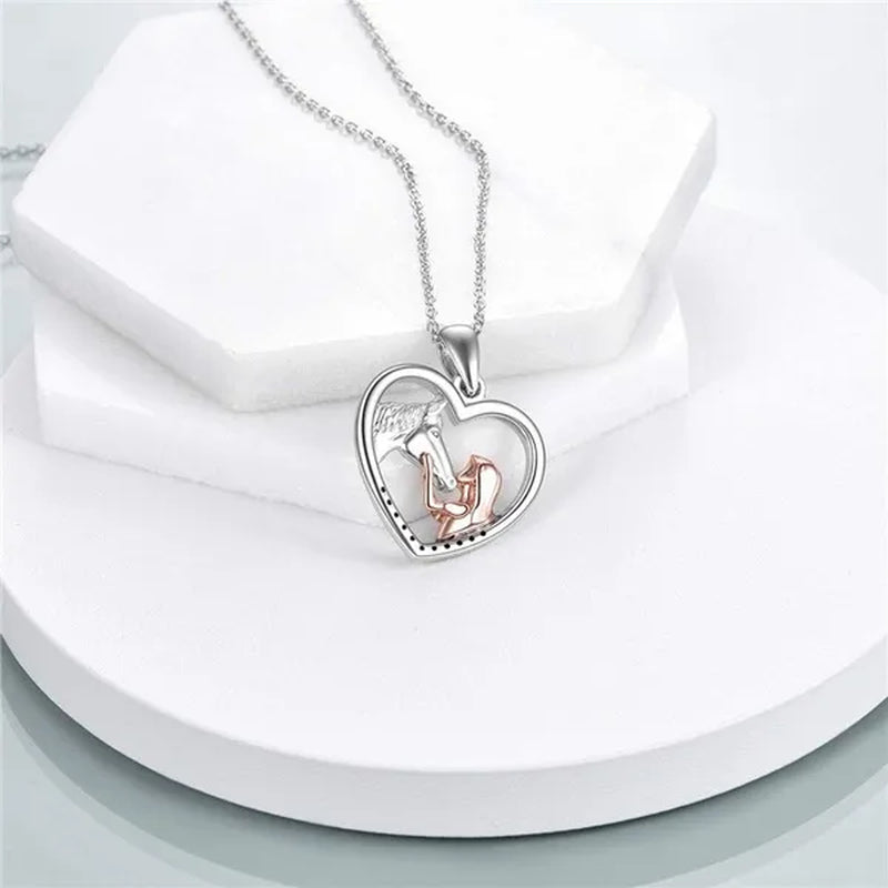 2022 New Exquisite Fashion 925 Sterling Silver Girl and Horse Necklace for Women Girls Heart Diamond Pendant Necklace Horse Jewelry for Girl Daughter Birthday Party Anniversary Gift