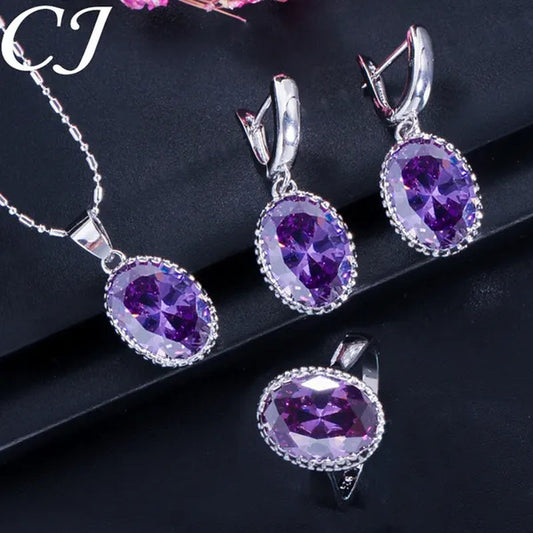 CANDICE Romantic Round Shaped Purple Crystal Sterling Silver Plated Jewelry Set For Party Necklace Earrings Ring Sets（US 6-9)
