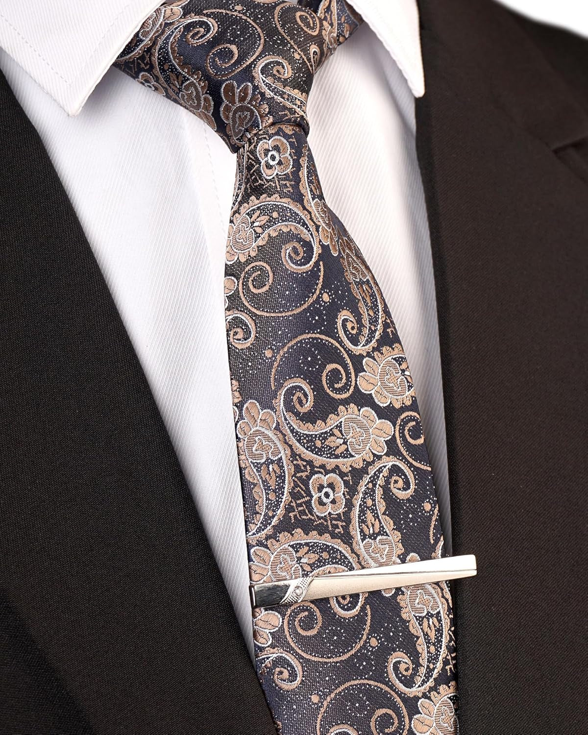 Men'S Paisley Necktie and Pocket Square Cufflink Tie Clip Set Slim Ties Gift for Men