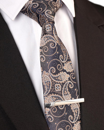 Men'S Paisley Necktie and Pocket Square Cufflink Tie Clip Set Slim Ties Gift for Men