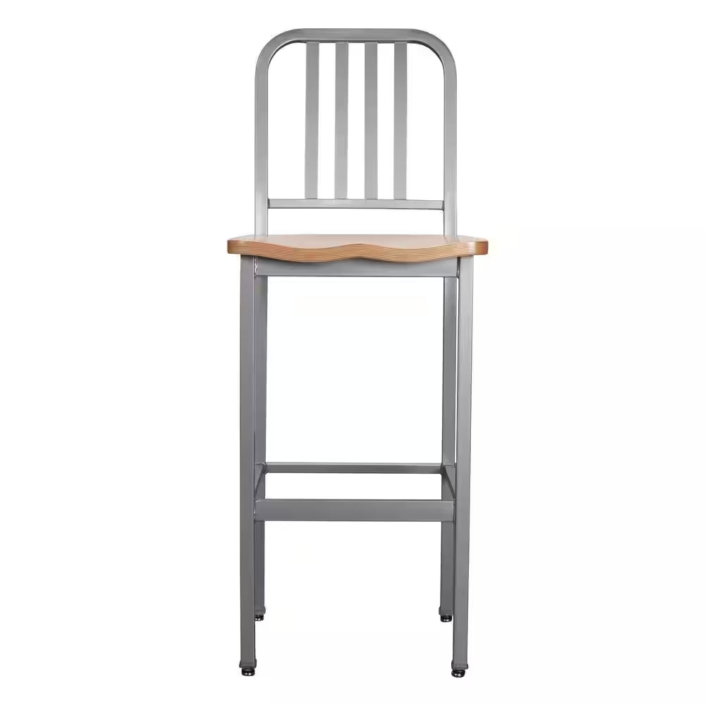 Washington 30 In. Silver Slat Back Metal Bar Stool with Wood Seat Set of 2
