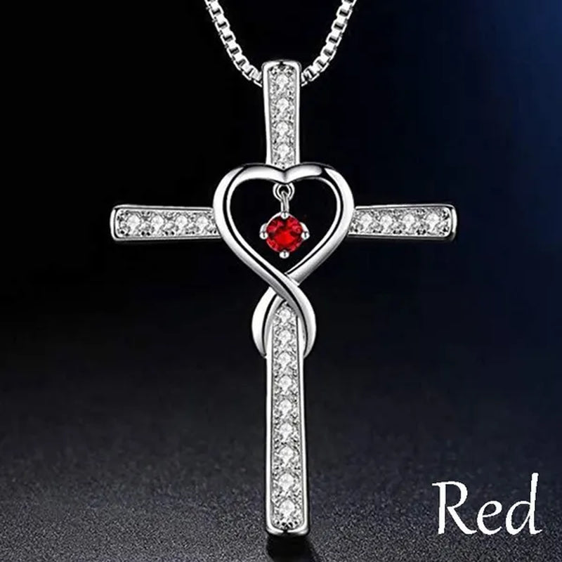 Infinity Love God We Trust Christian Cross Birthstone Diamond Rhinestone Pendant Necklace Birthday Gifts Jewelry For Women Christmas Girls