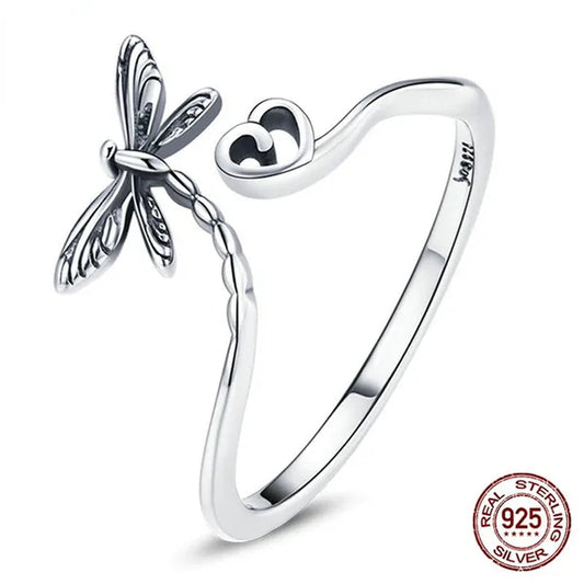 2021 New Dragonfly Love Heart Open Ring 925 Sterling Silver Vintage Insect Ring for Women