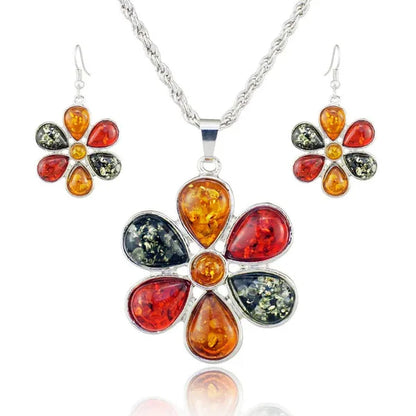 Colorful Baltic Amber Honey Flower Earrings 18k Platinum Plated Necklace Women's Wedding Jewelry Set
