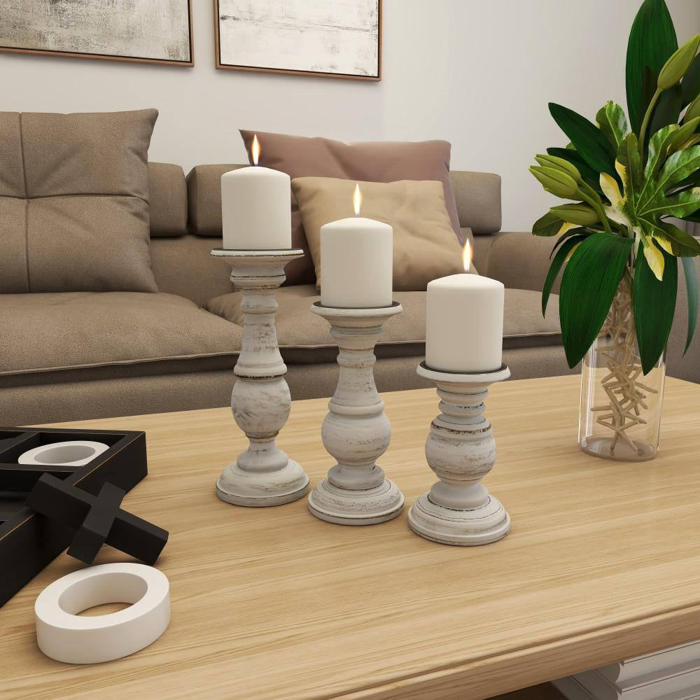 White Mango Wood Turned Style Pillar Candle Holder (Set of 3)