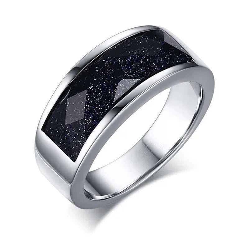Vintage Men's Agate Ring Stainless Steel Sky Blue Black White Gemstone Irregular Ring Jewelry Gift for Men Women Boyfriend Girlfriend