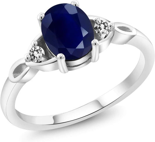 925 Sterling Silver Blue Sapphire and White Diamond Ring | 3-Stone Ring for Women | 1.87 Cttw | Gemstone September Birthstone | Oval 8X6MM | Available in Size 5, 6, 7, 8, 9