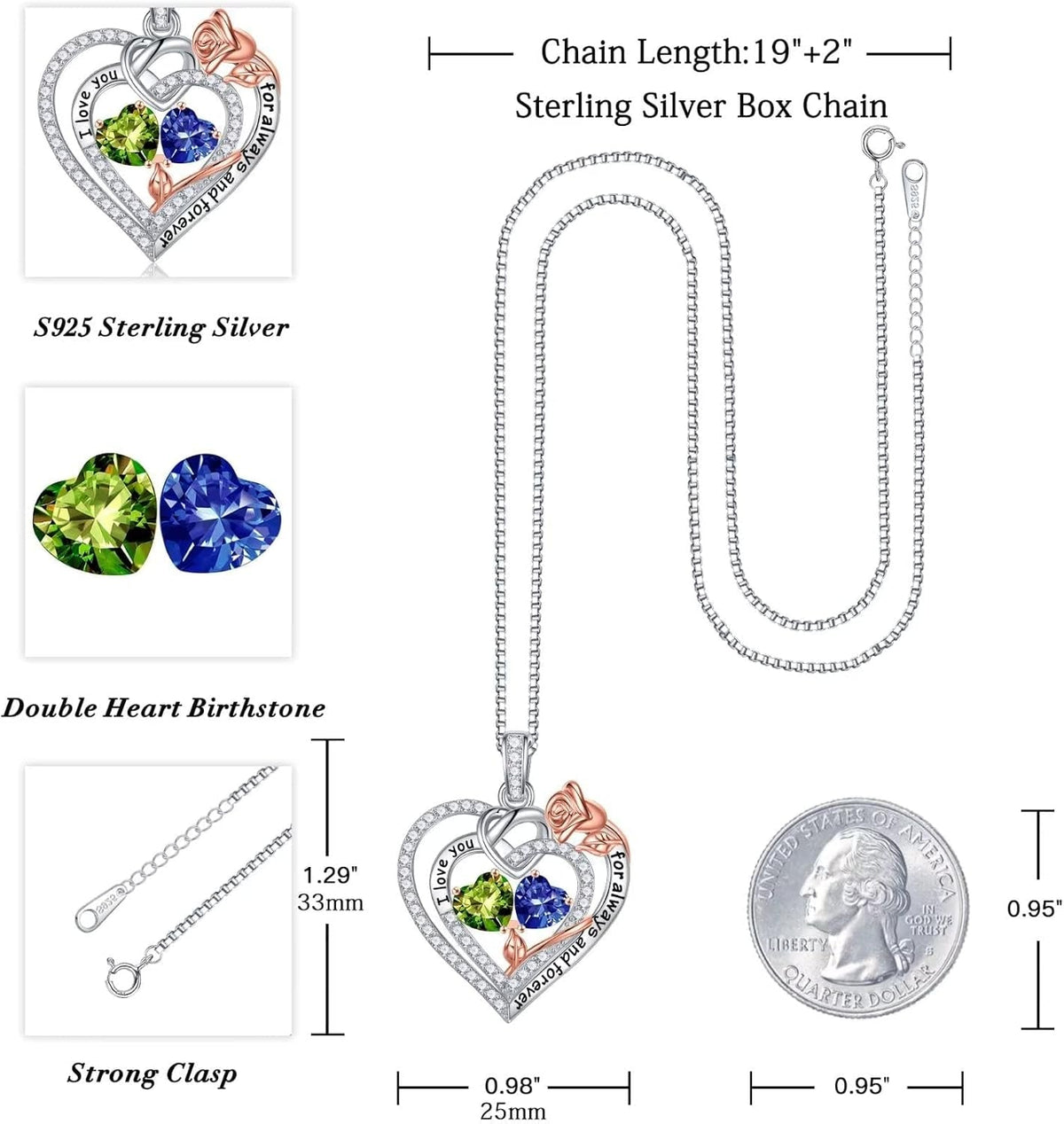 Rose Heart Necklace Gifts for Wife Women - 925 Sterling Silver Double Birthstone Necklace, Anniversary Birthday Gifts for Women, Jewelry Gifts for Wife Girlfriend Mom Her