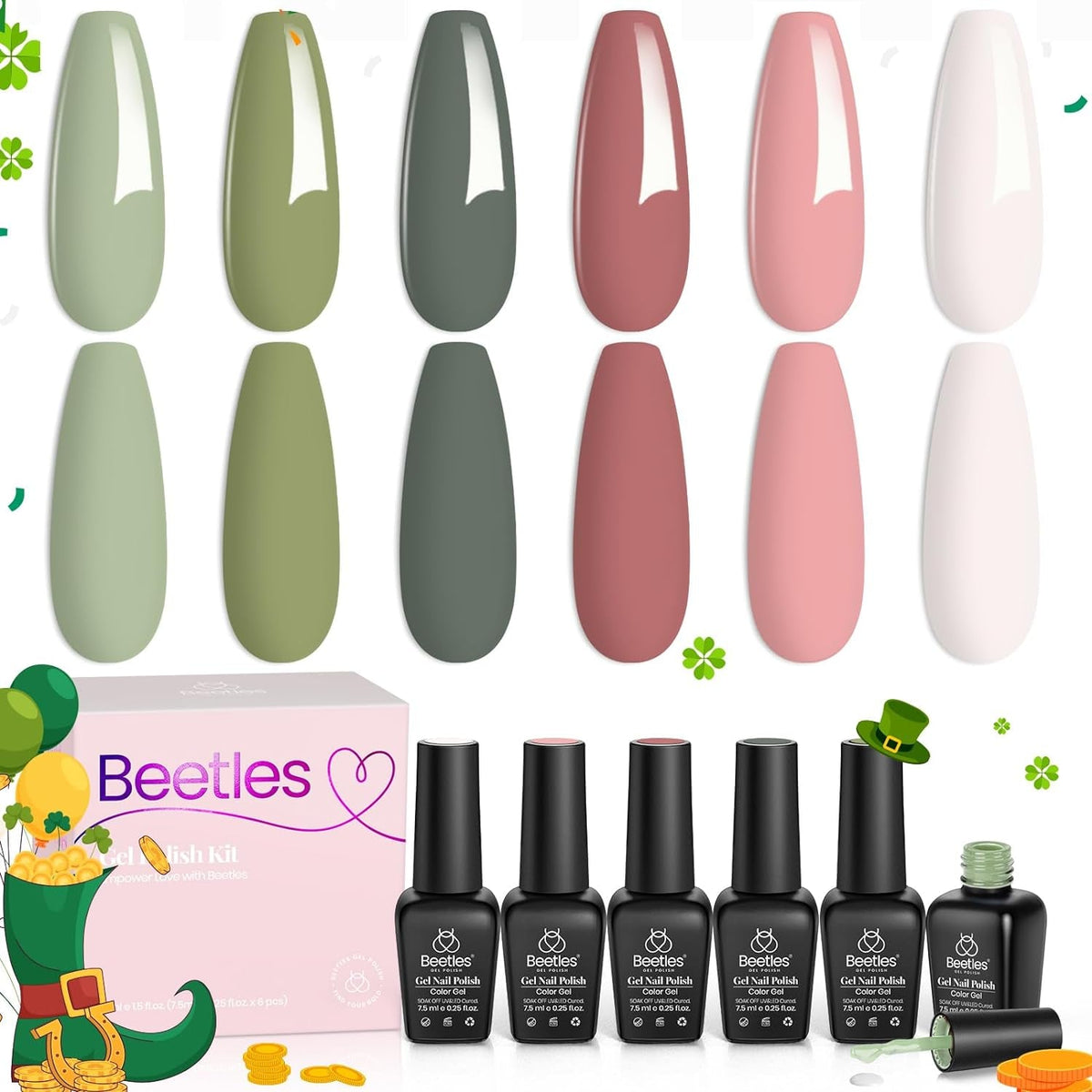 Beetles Gel Nail Polish Kit 6 Colors Green Gel Nail Polish Glitter Pearl Gel Nail Polish Spring Gel Polish Soak off Uv LED Nail Lamp Gel Nail Kit DIY Home Nail Manicure Easter Gel Nail Polish