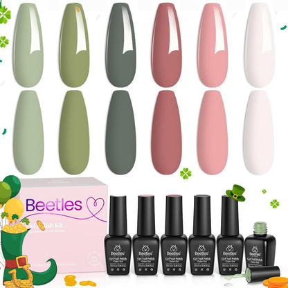 Beetles Gel Nail Polish Kit 6 Colors Green Gel Nail Polish Glitter Pearl Gel Nail Polish Spring Gel Polish Soak off Uv LED Nail Lamp Gel Nail Kit DIY Home Nail Manicure Easter Gel Nail Polish