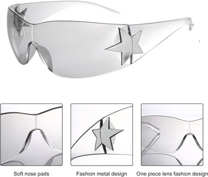 Rimless Y2K Sunglasses for Women Men,Trendy Shield Wrap Around Sunglasses Oversized Fashion Frameless Sun Glasses