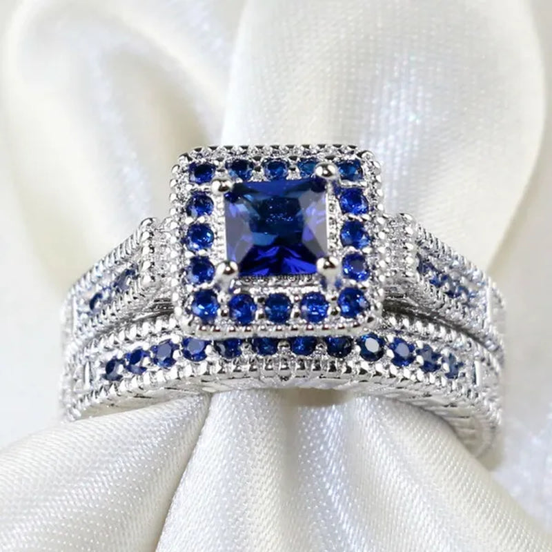 Two Rings Couple Rings Forever Love 316L Stainless Steel Men's Ring 10kt White Gold Filled Princess cut 1ct Sapphire Women's Wedding Ring Sets