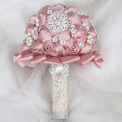 20CM Mixed Color Silk Ribbon Rose Wedding Flower Bouquet Luxury Pearl Crystal Brooch Bridal Bouquet Handmade Creative Bridesmaid Holding Flowers