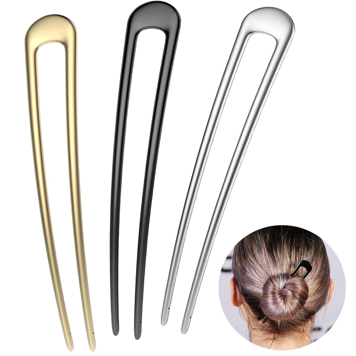 French Hair Pins Metal Hair Forks U Shaped Long Chignon 2 Prong Sticks for Women Hair Accessories (Black, Gold, Silver) 3Pcs