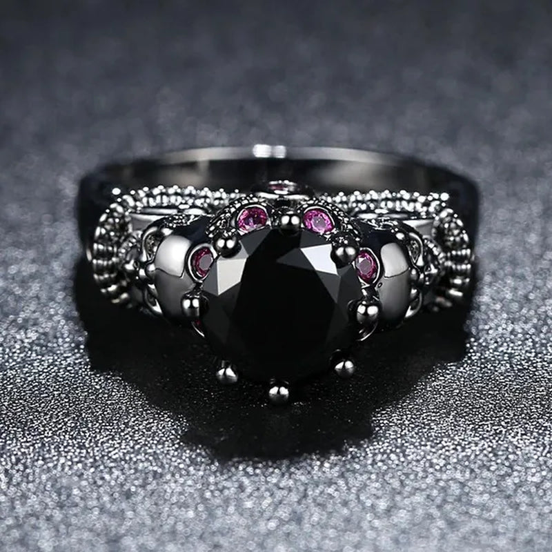 Gothic Style Sterling Silver Skull Ring Black Sapphire/Rainbow Crystal Diamond Punk Jewelry Proposal Birthday Gift Bridal Engagement Band Rings for Men Women Bride Size 6-9