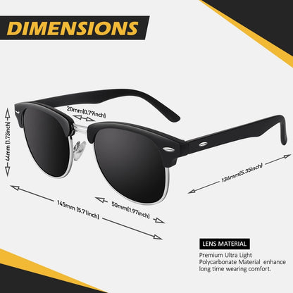 Polarized Semi Rimless Sunglasses for Men Women, Classic Retro Shades Half Frame Driving Sun Glasses UV Protection