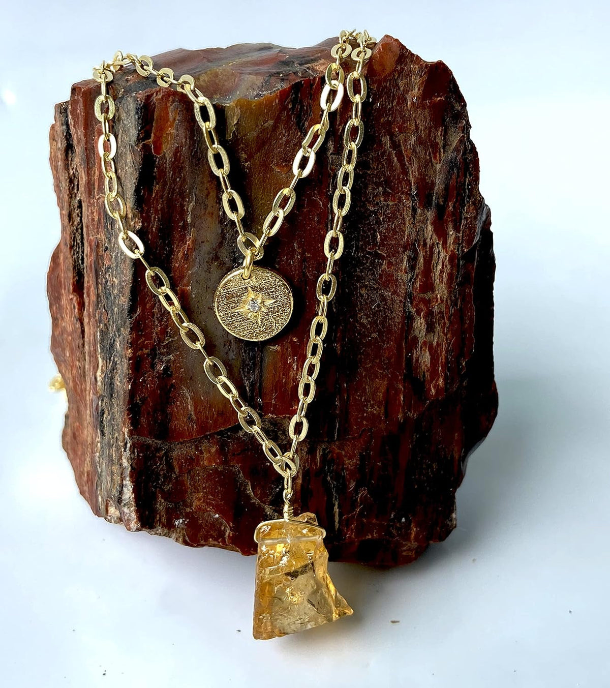 ALPHA® Raw Citrine Necklace with CZ Charm Pendant, Women Jewelry Rough Dainty Jewelry