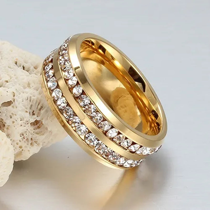 Womens Men's Fashion Double Rows Crystal gold silver black Titanium Steel Wedding Jewelry Ring 6-11