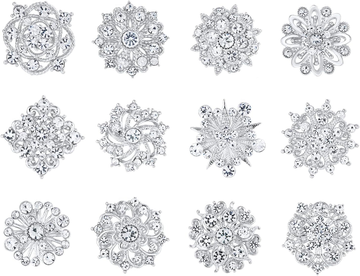 Assorted Small Size Crystal Rhinestone Flower Brooch Pins Set for Crafts Embellishment, Wedding Bouquet Brooches for Women Fashion
