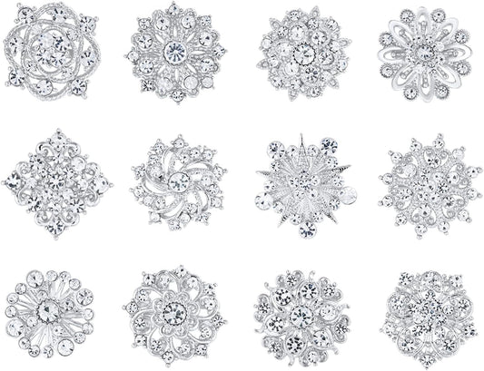 Assorted Small Size Crystal Rhinestone Flower Brooch Pins Set for Crafts Embellishment, Wedding Bouquet Brooches for Women Fashion
