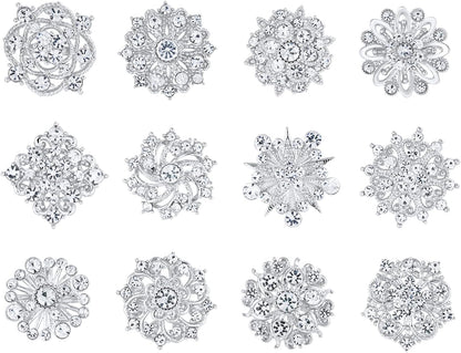 Assorted Small Size Crystal Rhinestone Flower Brooch Pins Set for Crafts Embellishment, Wedding Bouquet Brooches for Women Fashion
