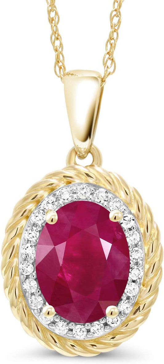 14K Yellow Gold Gemstone Birthstone and White Diamond Necklace | Oval 8X6MM | Gold Necklace for Women | with 18 Inch Chain