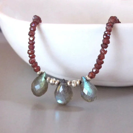 Labradorite Mystic Red Garnet Necklace Sterling Silver DJStrang Boho Chic Red Gray Blue Green Gemstone Spectrolite Briolette Sundance Style