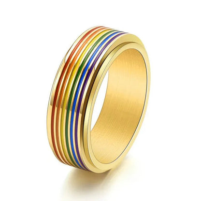 Women Men Multicolor Stripes of Rainbow Stainless Steel Spinner Ring Gay Lesbian LGBT Pride Rings Engagement & Wedding Band Valentines Gift Silver / Gold / Black Size 6-12