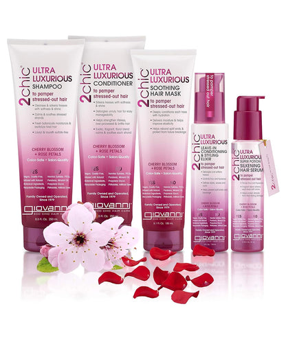 2Chic Ultra-Luxurious Super Potion Silkening Hair Serum - Cherry Blossom & Rose Petals, Aloe Vera, Pro-Vitamin B5, Smooths Curly & Wavy Hair, Paraben Free, Color Safe - 2.75 Oz