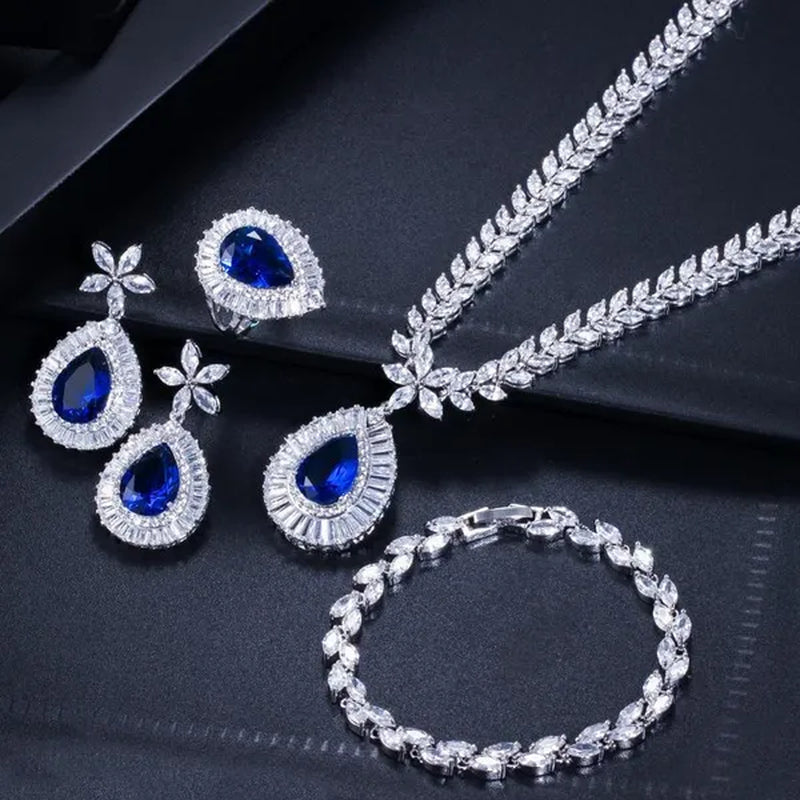 CANDICE Luxurious CZ Wedding 4 Pcs Set For Bridal Sparkling Water Drop Blue Zirconia White Gold Plated Necklace Earrings Bracelet Ring Sets
