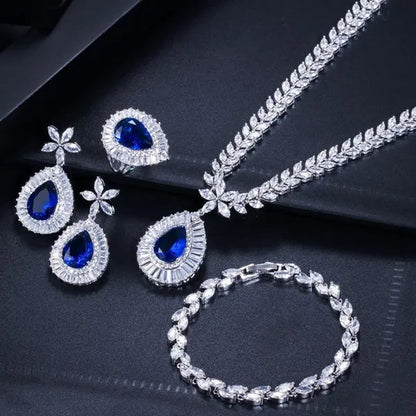 CANDICE Luxurious CZ Wedding 4 Pcs Set For Bridal Sparkling Water Drop Blue Zirconia White Gold Plated Necklace Earrings Bracelet Ring Sets